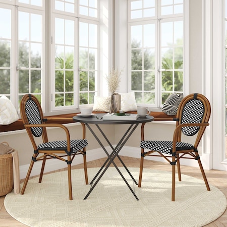 Flash Furniture Lourdes Thonet French Bistro Stacking Chair w/Arms, Blk and Wht PE Rattan and Natural Alum Frm, 2PK 2-SDA-AD642002A-BKWH-NAT-GG